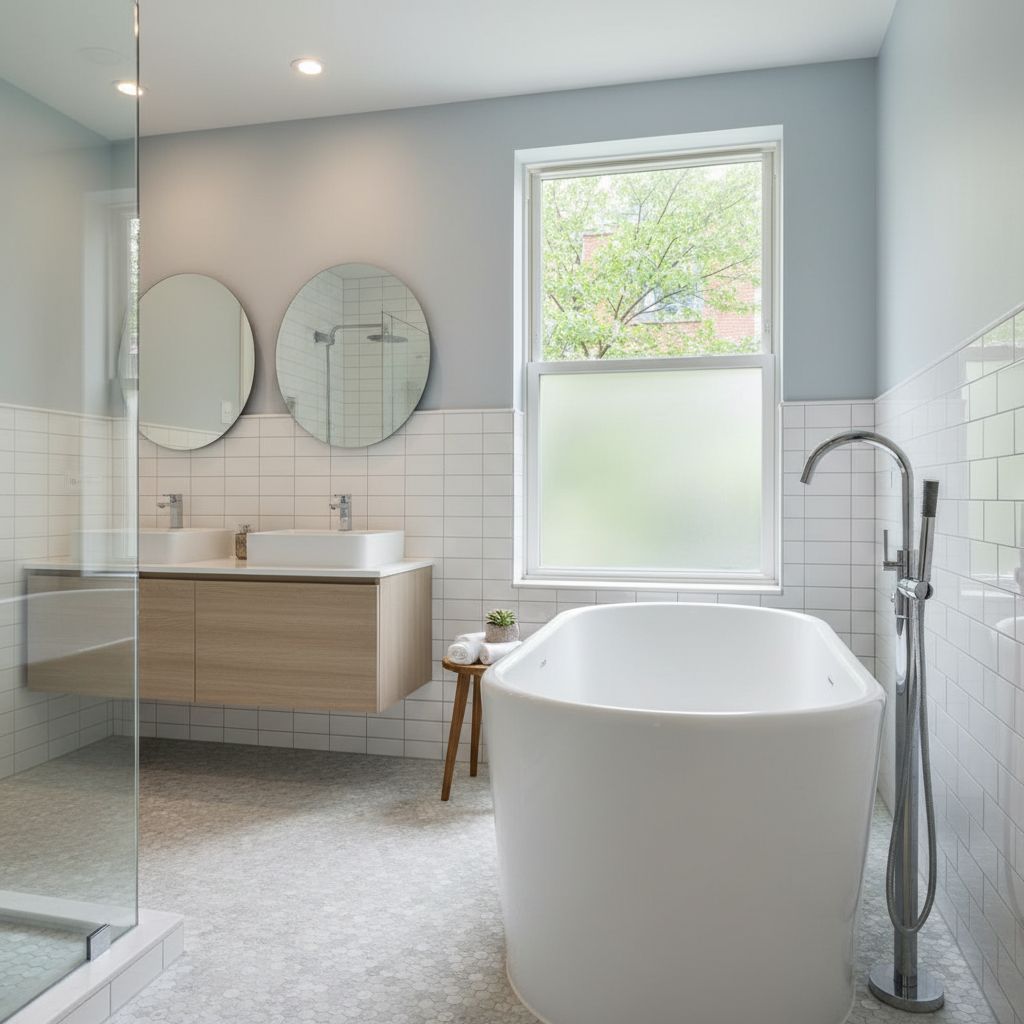 A modern, bright bathroom in Georgetown showing a newly installed white acrylic bathtub with elegant hardware and clean tile surroundings.
