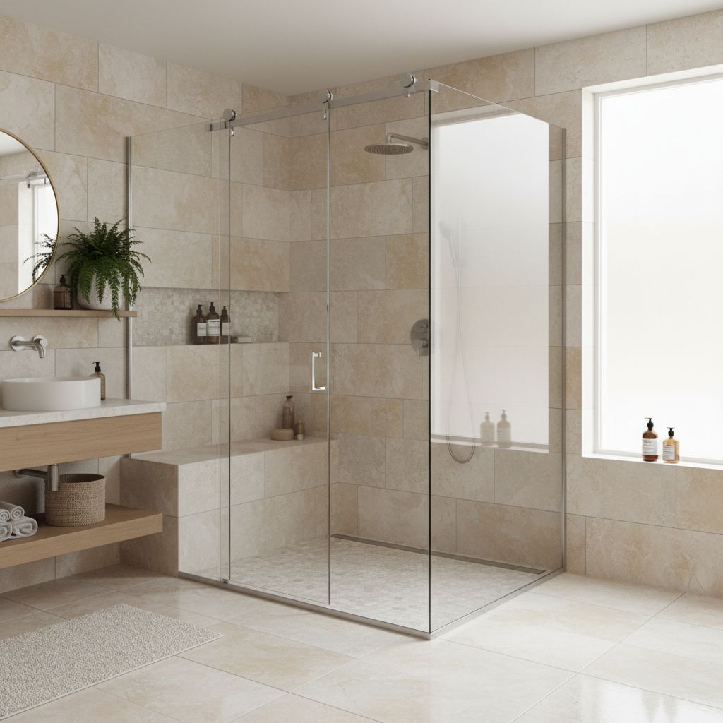 A modern walk-in shower with sliding glass doors and a built-in bench in a bright bathroom with neutral tiles.