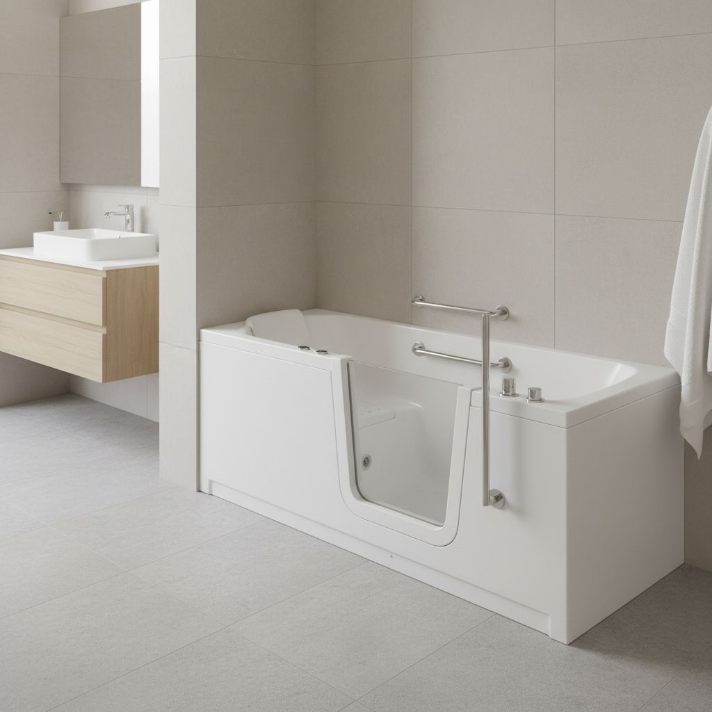 A modern white walk-in bathtub featuring a low-entry door, integrated seat, and polished chrome grab bars in a clean, neutral-toned bathroom.
