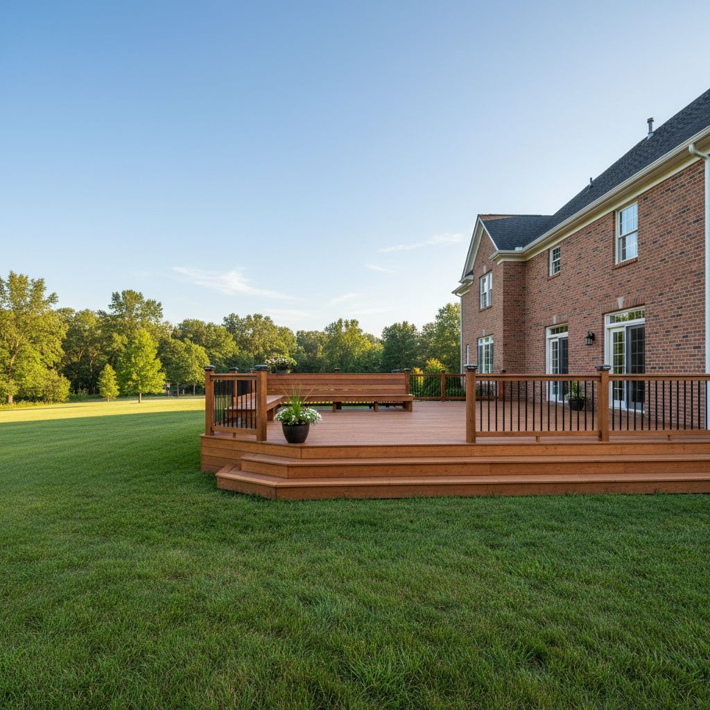 A large three-tier cedar deck attached to a brick colonial home, featuring black aluminum railings and built-in bench seating overlooking a lush green lawn.