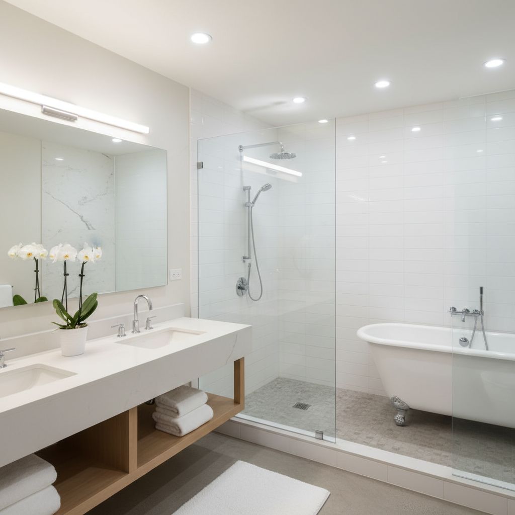 A sleek, modern bathroom featuring a bright white walk-in shower and stylish chrome fixtures, looking clean and inviting.